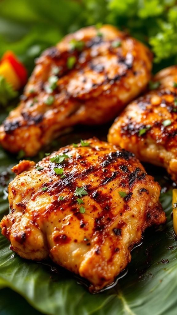 Deliciously grilled jerk chicken thighs garnished with fresh cilantro