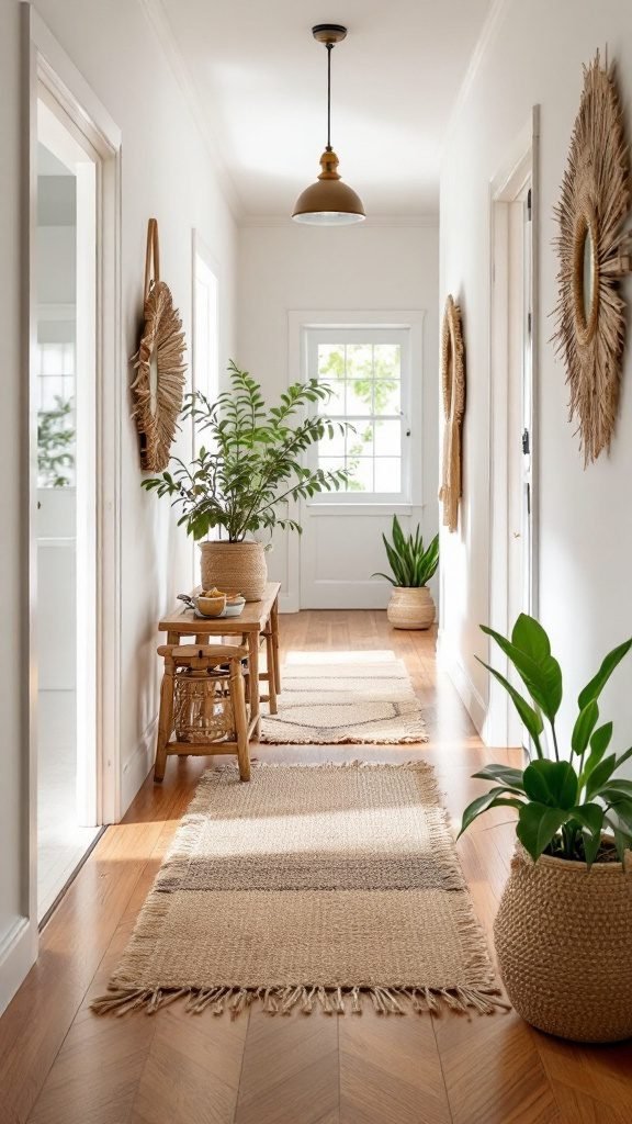 A cozy hallway featuring jute rugs, plants, and decorative mirrors