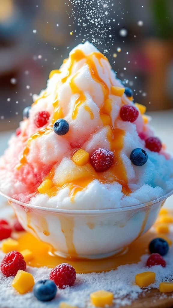 A bowl of Kakigori shaved ice dessert with vibrant fruits and syrup.