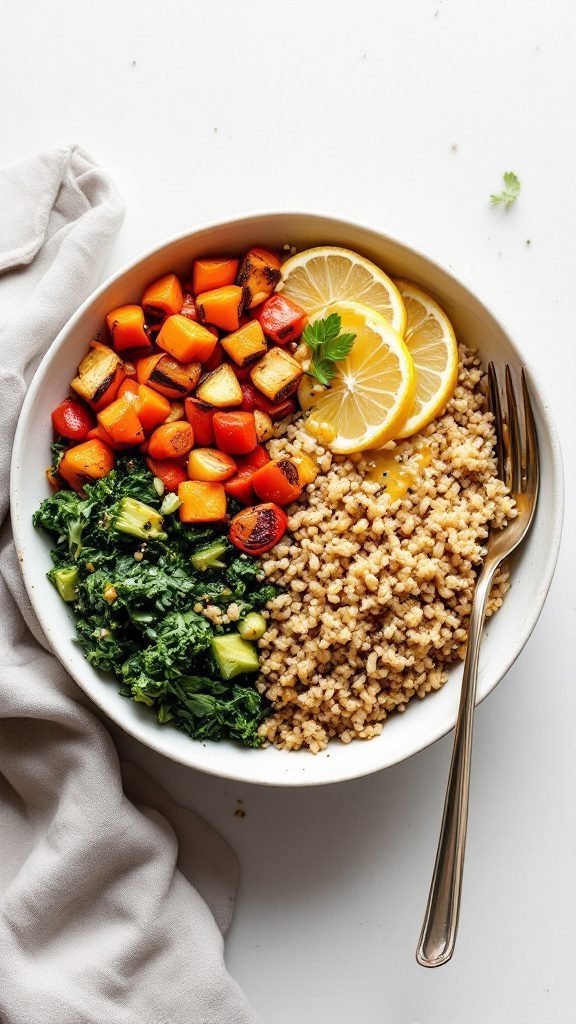 A colorful and healthy kale and quinoa rice bowl with roasted vegetables and lemon slices.