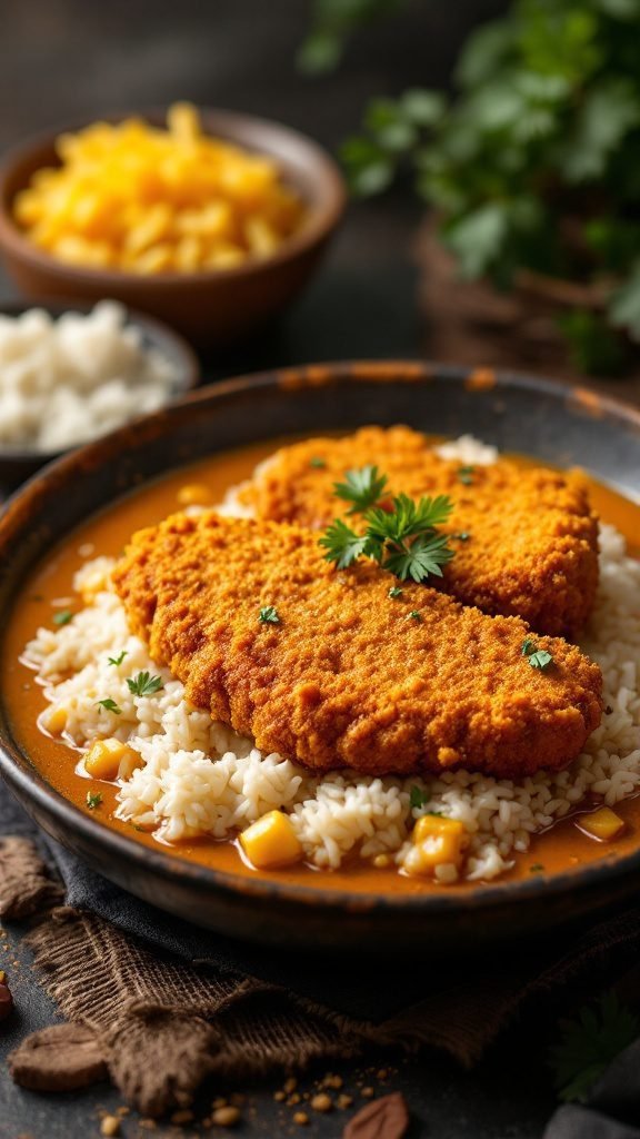 A plate of Katsu Curry with Rice featuring crispy fried chicken on a bed of rice, garnished with parsley.