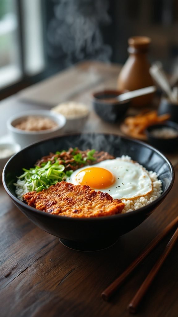 A delicious Katsu Don Pork Cutlet Rice Bowl with crispy pork, rice, and a fried egg.