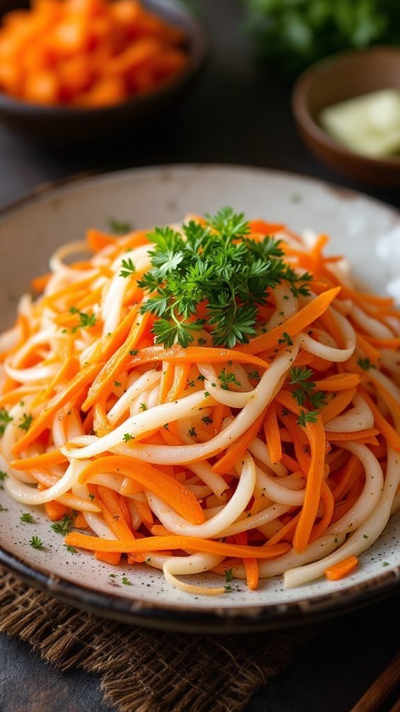 A vibrant plate of Kohaku Namasu pickled daikon salad with julienned carrots.