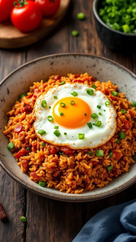 Bowl of Korean Kimchi Fried Rice topped with a fried egg and green onions