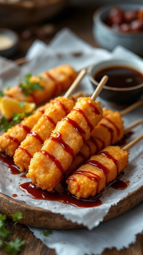 Delicious Kushi Katsu Deep-Fried Skewers served with sauce