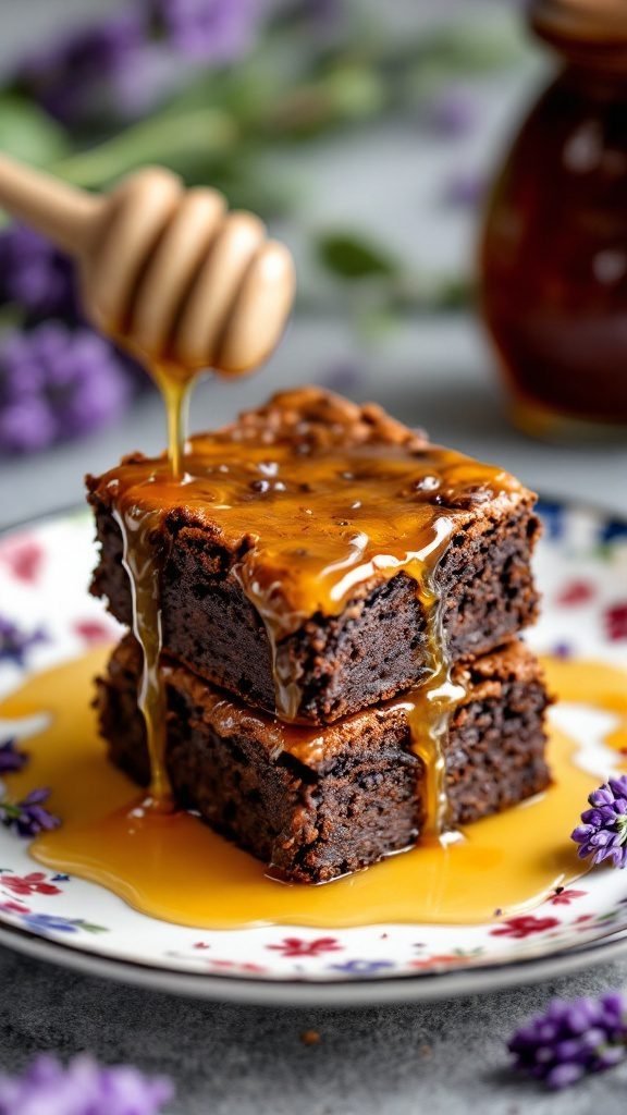 Lavender honey brownies drizzled with honey on a floral plate