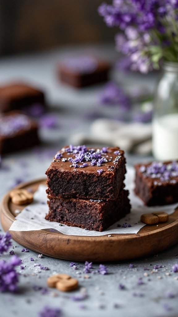Lavender Infused Brownies on a wooden plate