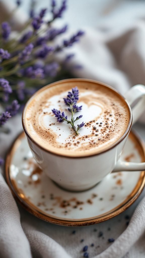 A cozy cup of lavender latte with a frothy top and a lavender sprig on top.