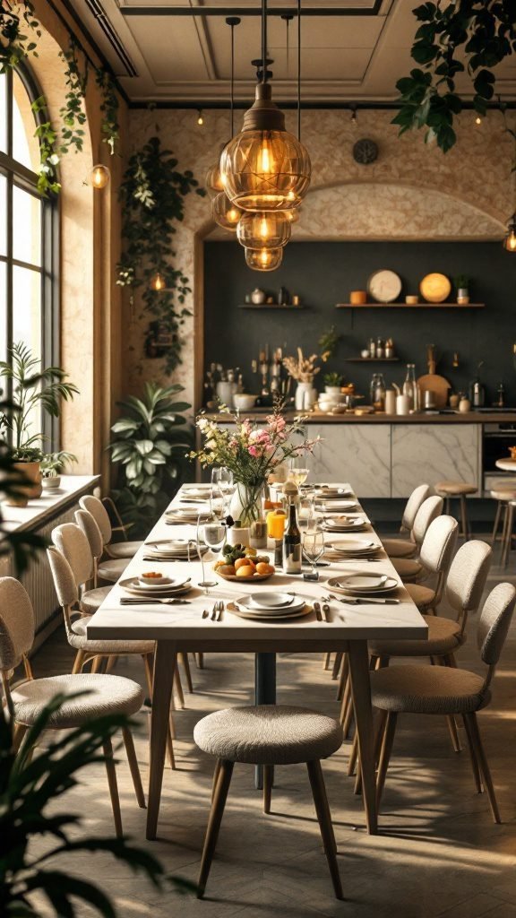 A modern dining room with a long table, stylish chairs, statement lighting, and greenery.