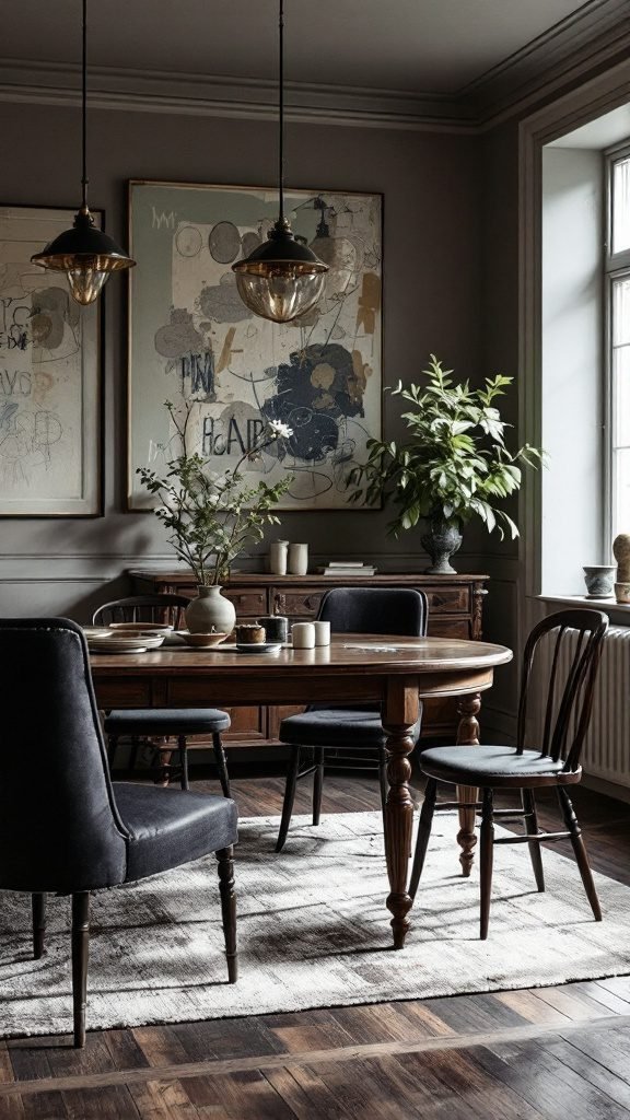 A modern dining room with a round wooden table, upholstered chairs, and artistic wall decor.