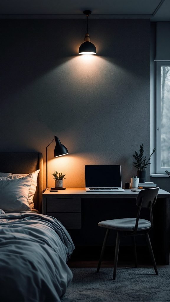 A modern bedroom office layout featuring a desk with a laptop, a cozy bed, and stylish lighting.