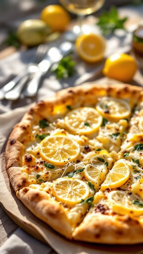 A delicious Lemon Artichoke Pizza with Parmesan and lemon slices on top.