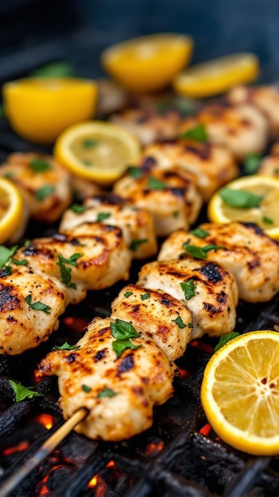 Grilled lemon basil chicken skewers with fresh herbs and lemon slices.