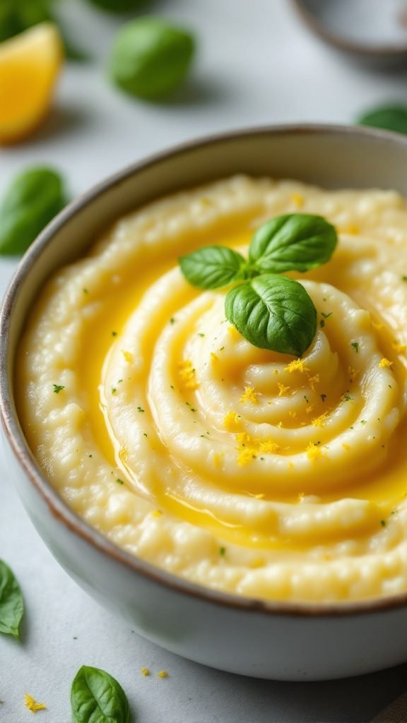 Creamy lemon basil grits in a bowl garnished with fresh basil and lemon zest.