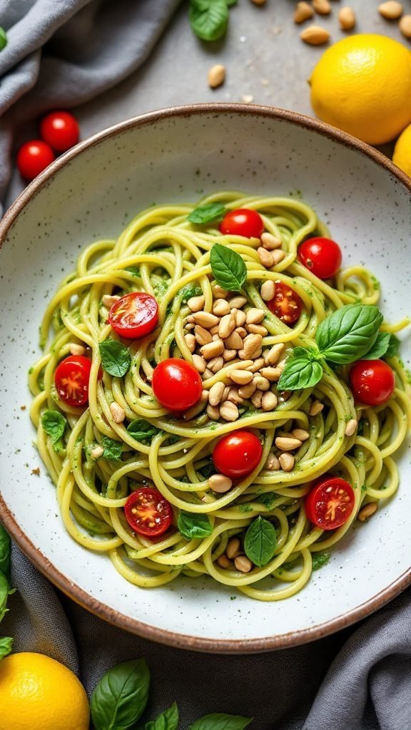 A bowl of Lemon Basil Pesto Pasta garnished with cherry tomatoes and basil.