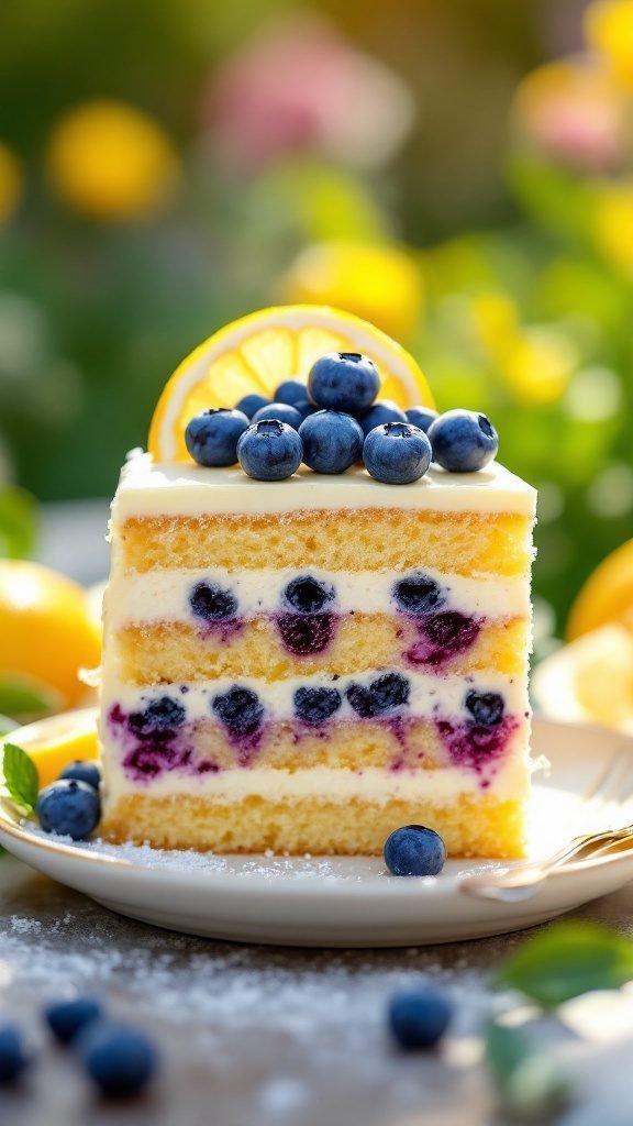 A slice of lemon blueberry icebox cake with fresh blueberries and lemon slices on top.
