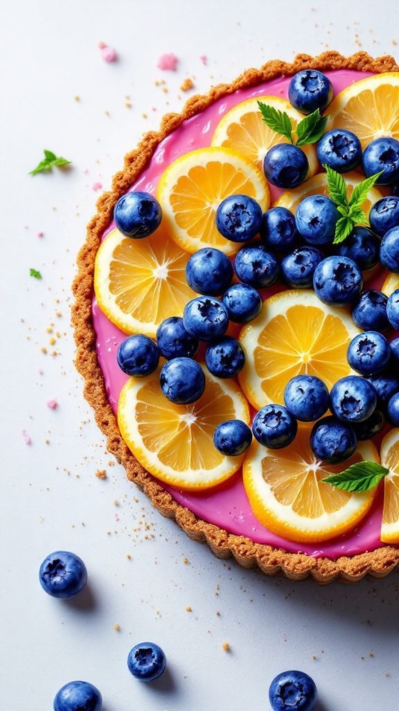 A delicious lemon blueberry tart with a golden crust topped with blueberries and lemon slices.