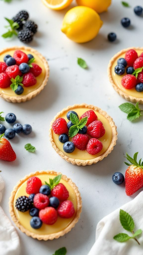 Lemon curd and berry tarts with fresh mint and lemon