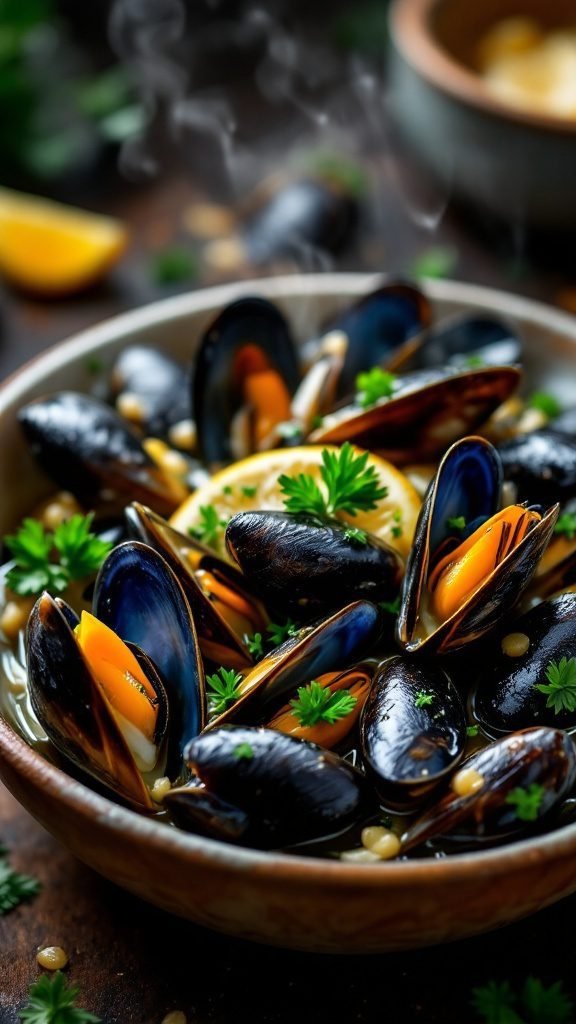 A bowl of lemon garlic butter mussels garnished with fresh parsley.