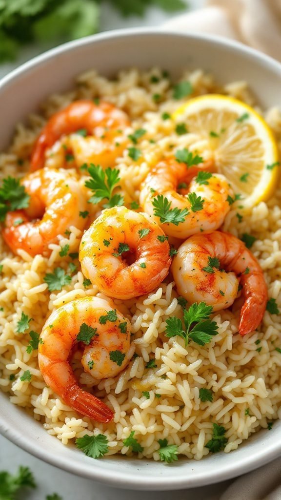 A delicious lemon garlic butter rice bowl featuring shrimp, jasmine rice, and fresh cilantro.