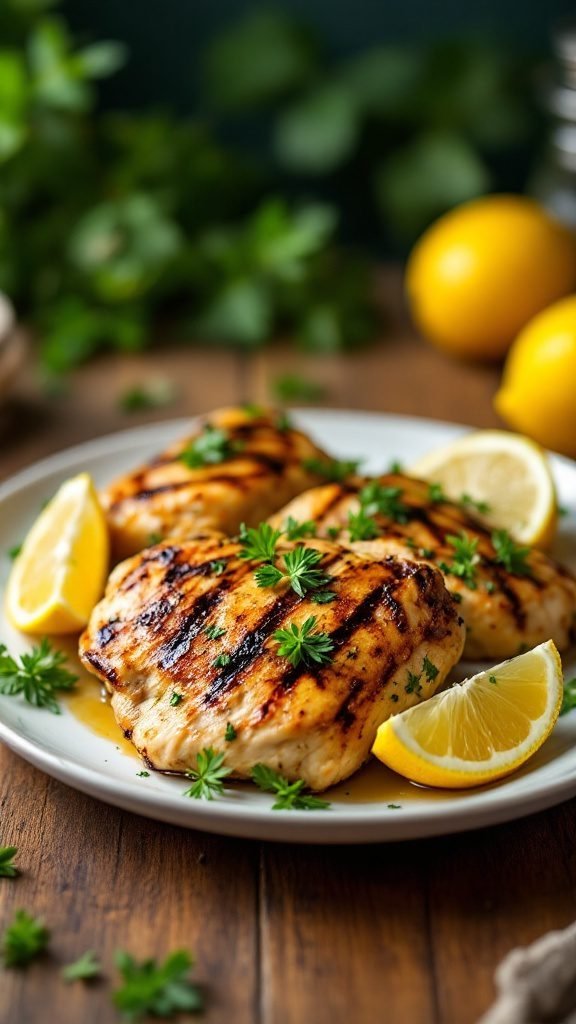 Grilled chicken garnished with lemon slices and herbs