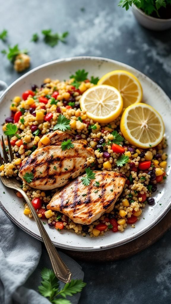A plate of lemon herb grilled chicken served with quinoa salad, garnished with lemon slices.