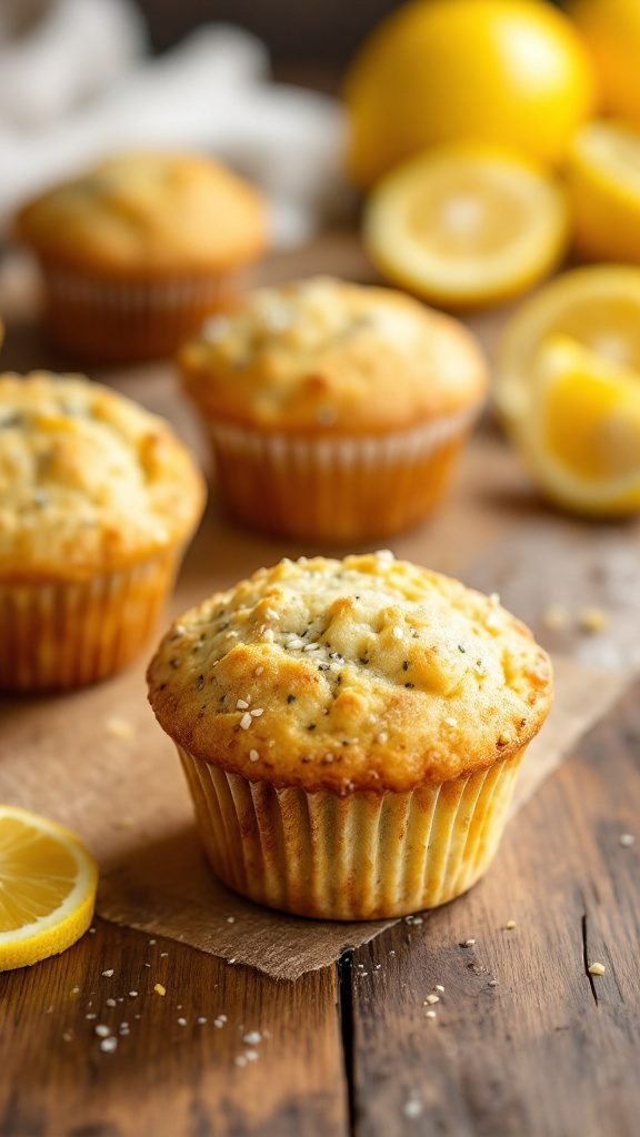 Delicious lemon poppy seed muffins on a wooden table with fresh lemons