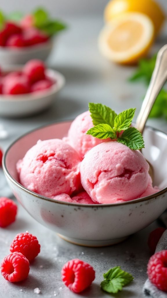 A bowl of pink lemon raspberry sorbet garnished with mint leaves.