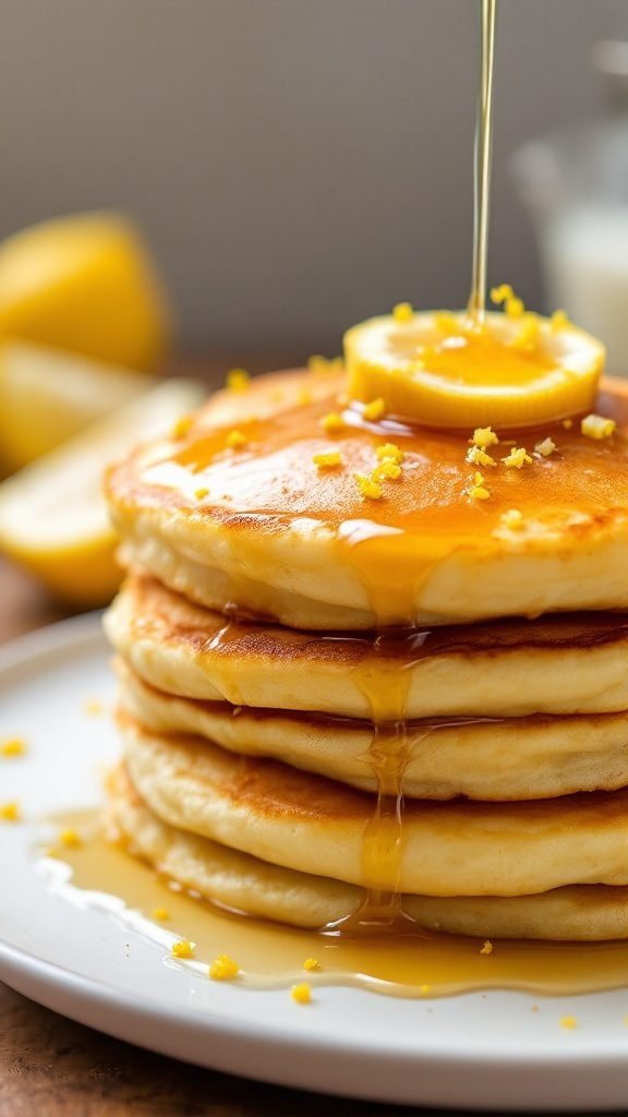Fluffy lemon ricotta pancakes drizzled with syrup and garnished with lemon zest.