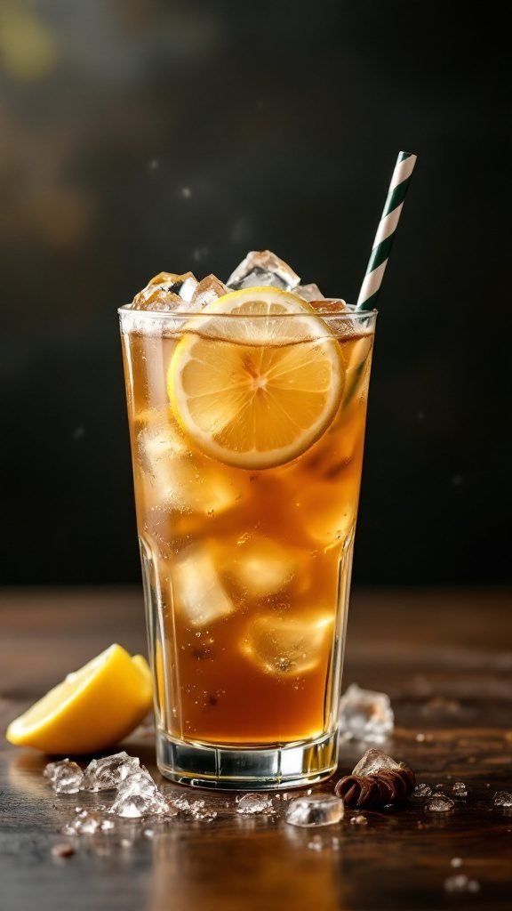A refreshing lemonade iced coffee with lemon slices and ice cubes.