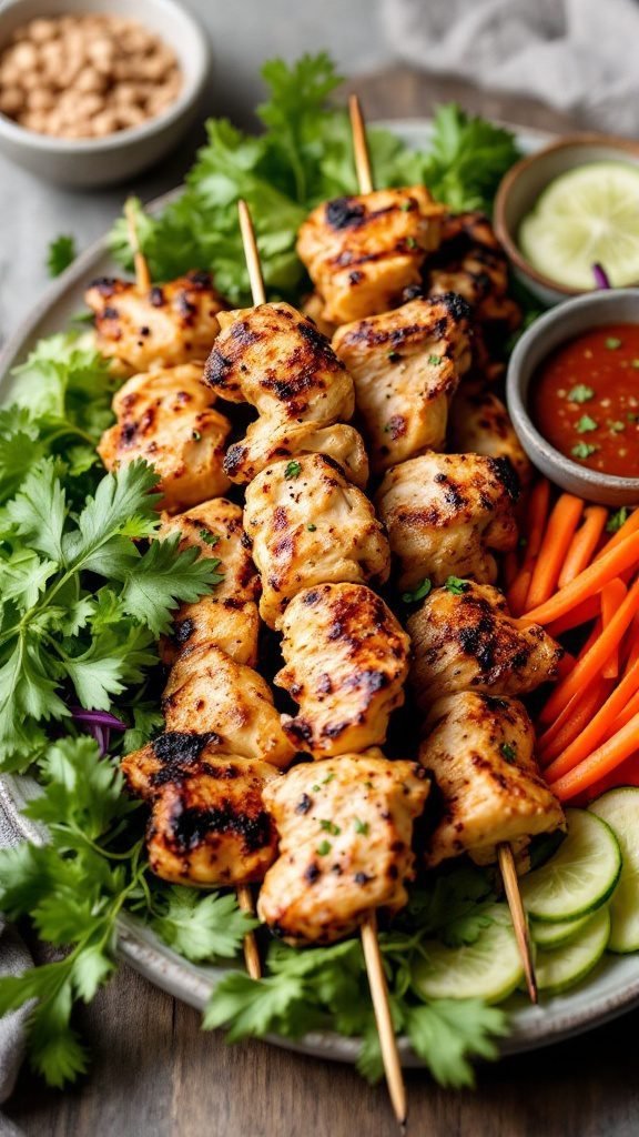 A vibrant display of grilled lemongrass chicken skewers surrounded by fresh vegetables.
