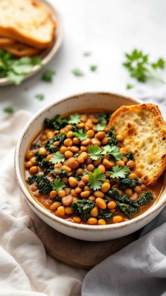 Bowl of lentil and kale curry topped with cilantro, served with toasted bread.