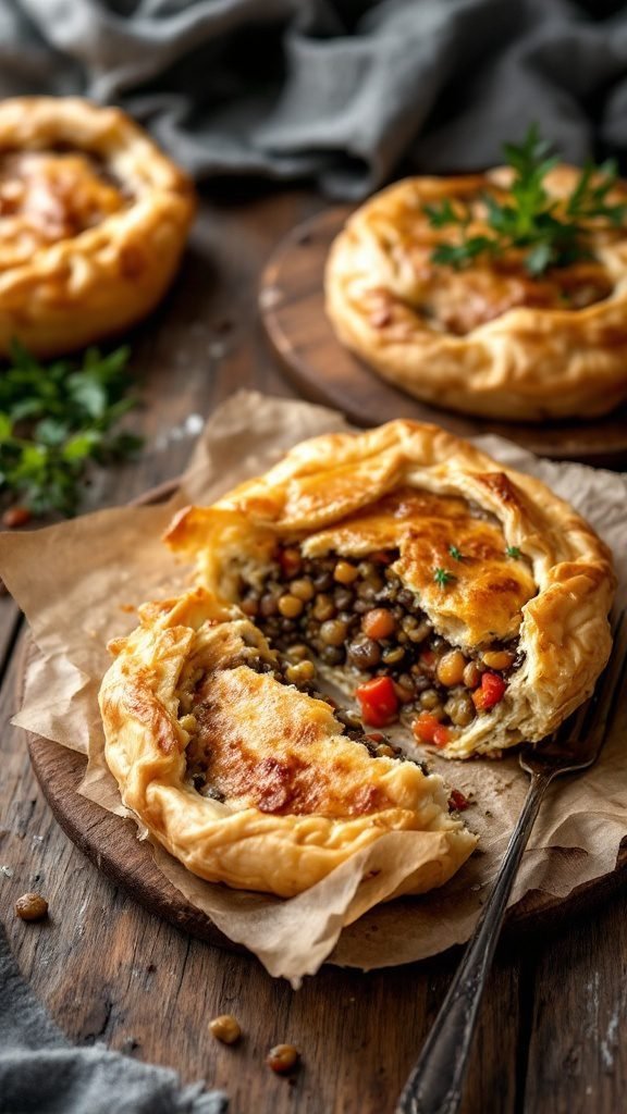 Golden brown lentil and vegetable pies on a wooden board.