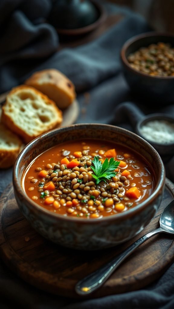 A bowl of lentil soup with a side of crusty bread.