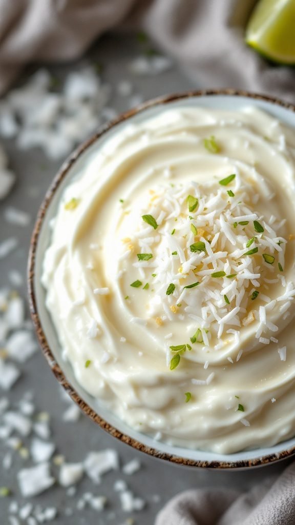 A bowl of creamy lime coconut pudding topped with shredded coconut and lime zest.