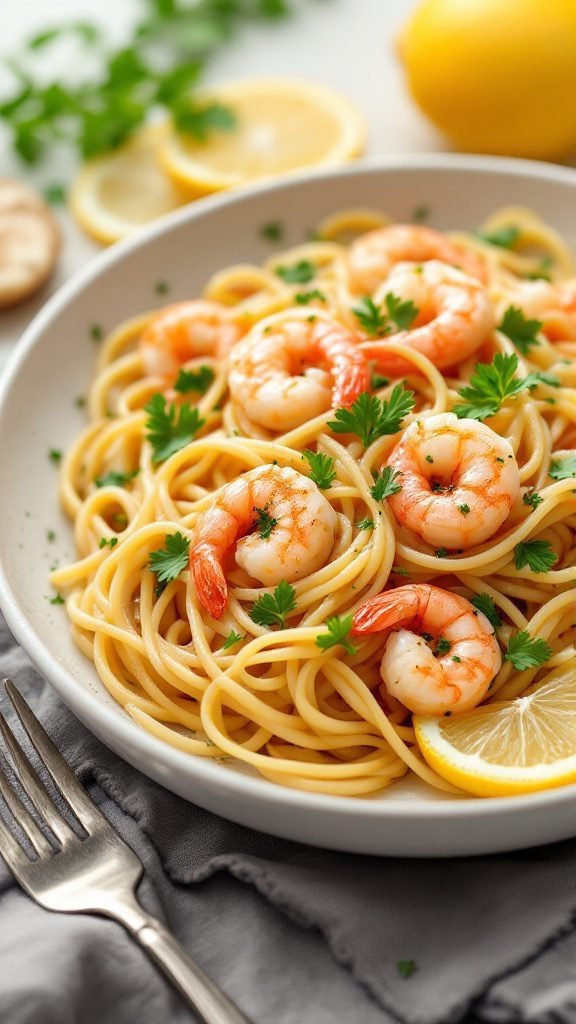 Plate of linguine with lemon garlic shrimp garnished with parsley.