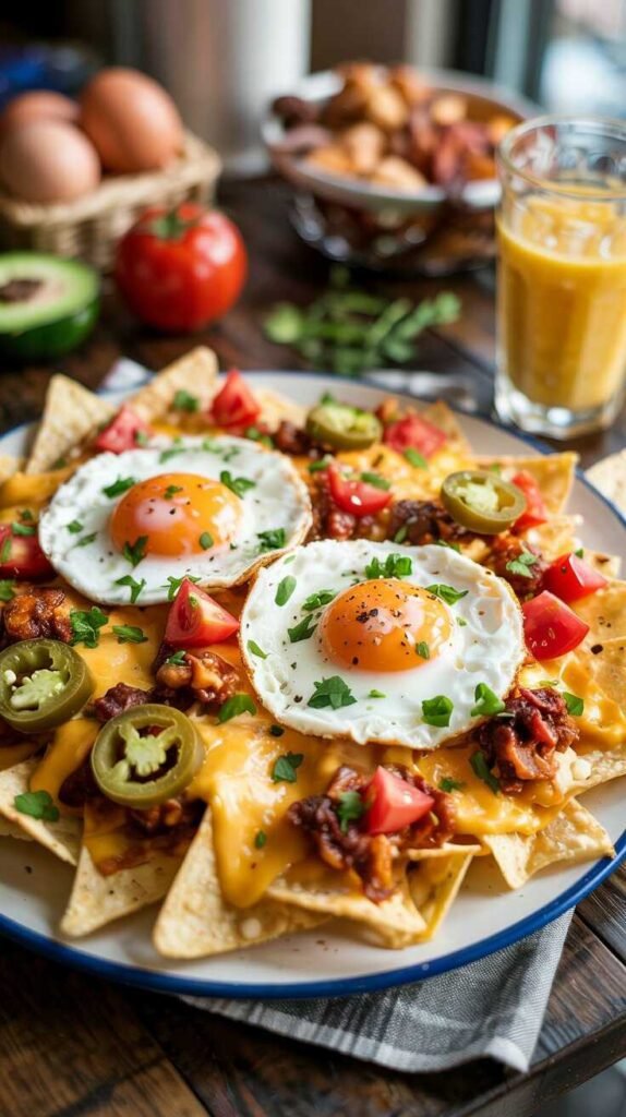 A plate of loaded breakfast nachos topped with cheese, eggs, tomatoes, and jalapeños.