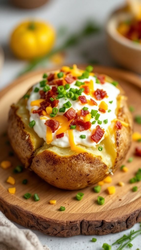 A loaded baked potato topped with cheese, bacon, and green onions on a wooden plate.