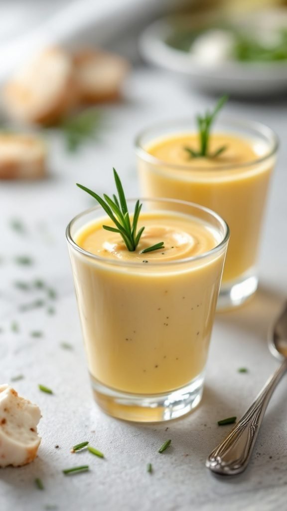 Two glasses of lobster bisque shots garnished with chives