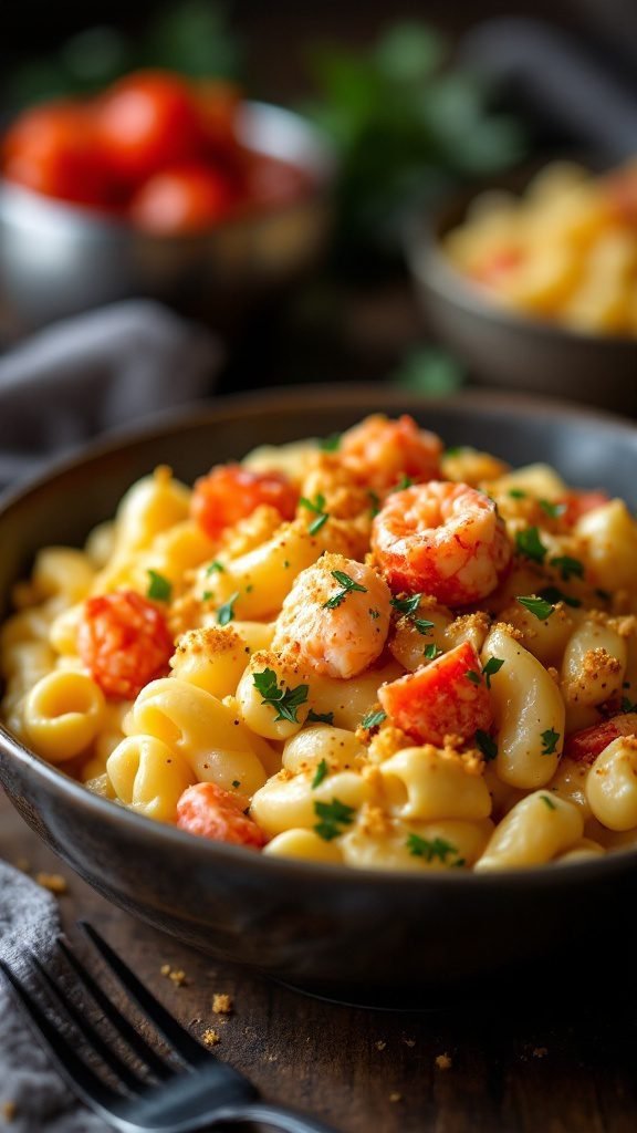 A bowl of lobster mac and cheese with pasta and fresh parsley