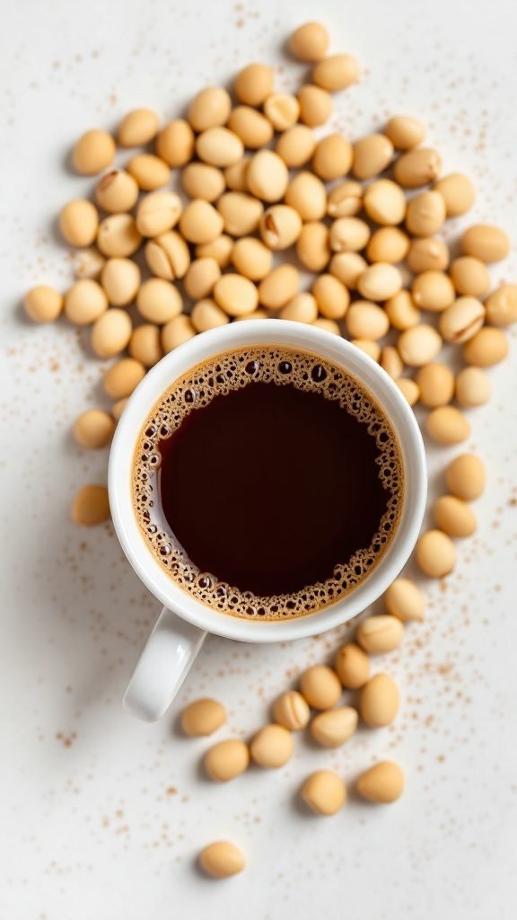A cup of macadamia nut coffee with coffee beans scattered around.