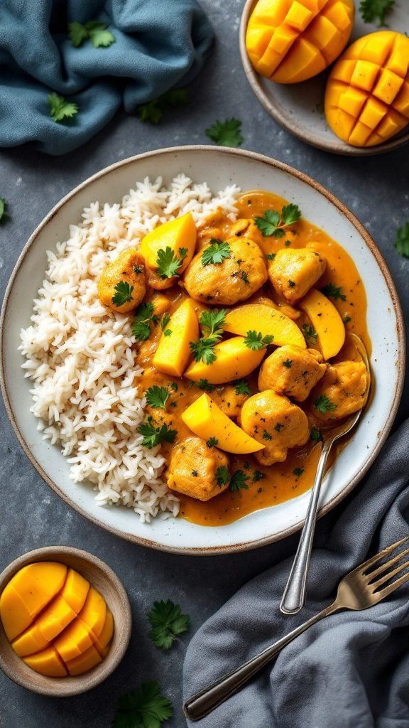 A delicious plate of Mango Chicken Curry served with rice and garnished with cilantro.