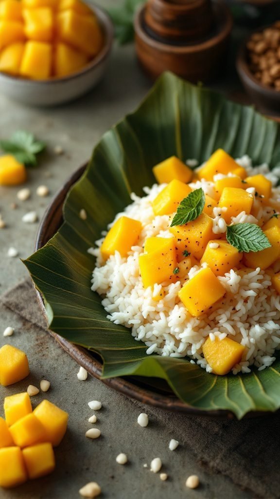 A plate of mango sticky rice served with slices of fresh mango and garnished with mint leaves.