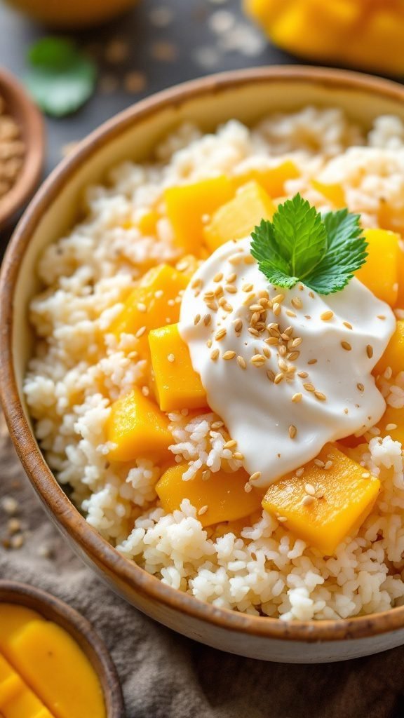 A bowl of mango sticky rice topped with fresh mango slices and coconut cream.