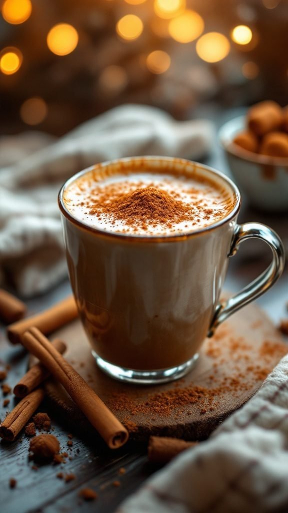 A warm cup of Maple Cinnamon Hot Brew, topped with cinnamon and served with cinnamon sticks.