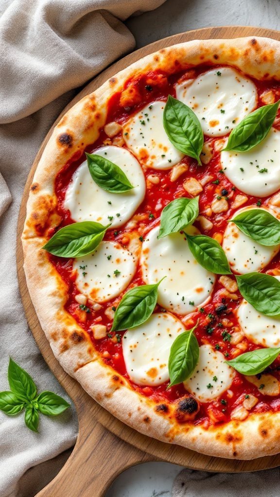 Margherita pizza topped with fresh basil leaves and mozzarella cheese.