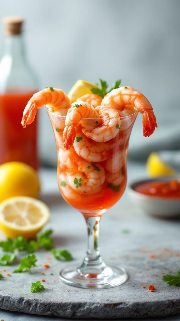 A vibrant shrimp cocktail in a glass, garnished with lemon and herbs