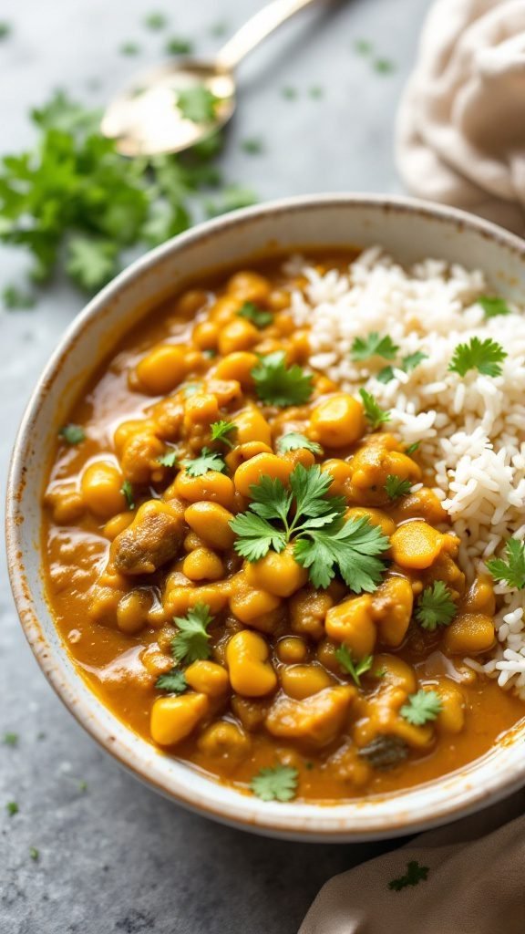 A bowl of Masoor Dal Curry served with rice and garnished with cilantro