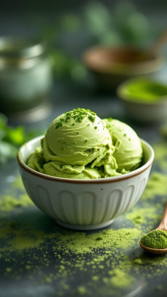A bowl of creamy matcha green tea ice cream topped with matcha powder.