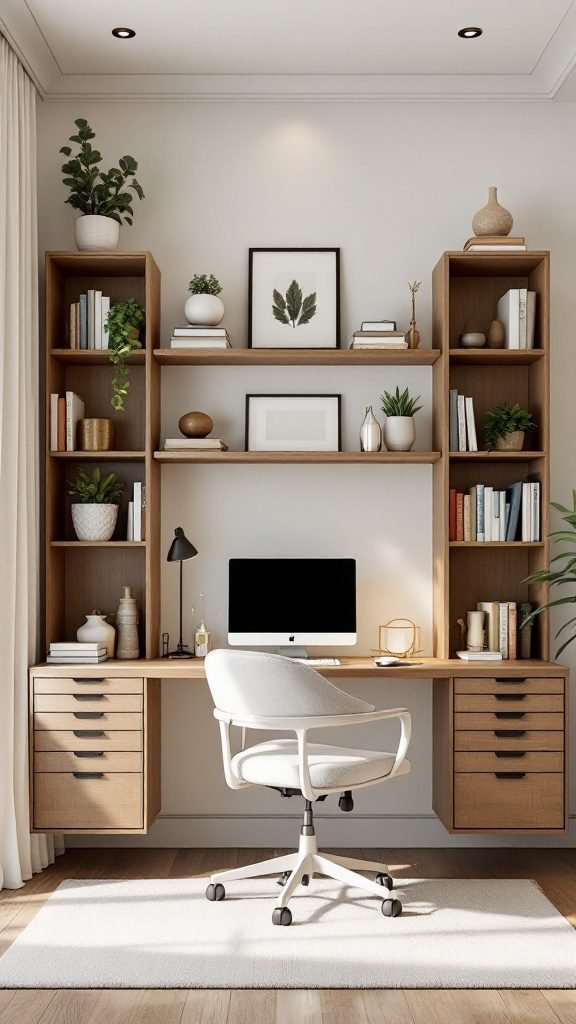 Cozy small home office with wall-mounted shelves, a desk, and ergonomic chair.